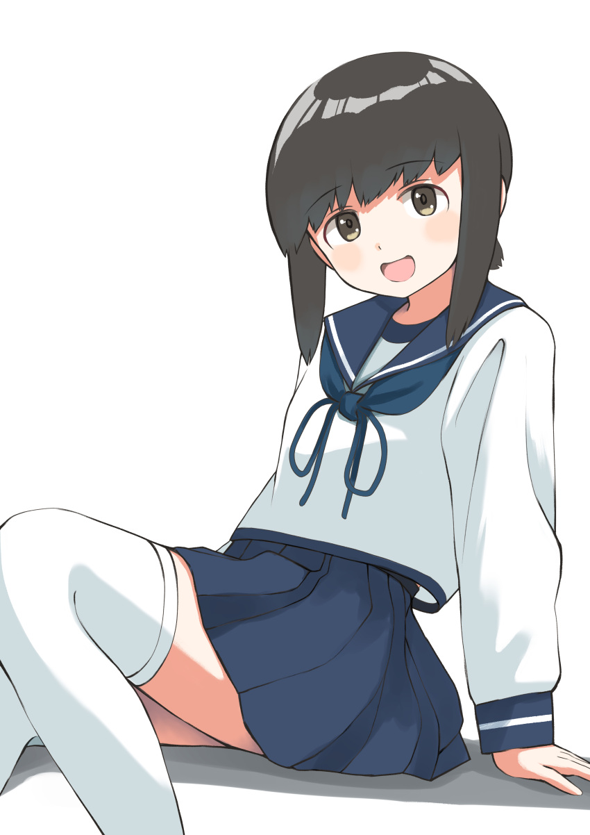 1girl absurdres adapted_costume black_hair blue_sailor_collar blue_skirt brown_eyes fubuki_(kancolle) highres kantai_collection long_sleeves looking_at_viewer low_ponytail pleated_skirt ponytail sailor_collar short_hair short_ponytail sidelocks simple_background sitting skirt smile solo thigh-highs toplow white_background white_legwear