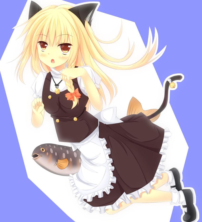 1girl absurdres animal_ears apron bangs bell black_footwear black_skirt black_vest blonde_hair blue_background blush bow braid brown_eyes cat_ears cat_girl cat_tail commentary_request cookie_(touhou) eyebrows_visible_through_hair fish frilled_apron frilled_skirt frills full_body hair_bow highres jingle_bell kemonomimi_mode kirisame_marisa long_hair looking_at_viewer mary_janes no_hat no_headwear open_mouth paw_pose puffy_short_sleeves puffy_sleeves red_bow shirt shoes short_sleeves side_braid single_braid skirt socks solo szk tail tail_bell tail_ornament touhou turtleneck two-tone_background uzuki_(cookie) vest waist_apron white_apron white_background white_legwear white_shirt