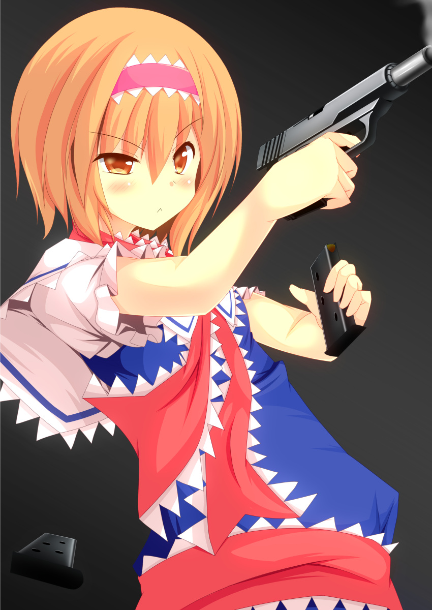 1girl :&lt; absurdres alice_margatroid bangs blue_dress blush capelet closed_mouth collared_capelet commentary_request cookie_(touhou) dress eyebrows_visible_through_hair frilled_capelet frilled_hairband frilled_neckwear frilled_sash frilled_sleeves frills grey_background gun hair_between_eyes hairband highres hinase_(cookie) holding holding_gun holding_weapon looking_afar magazine_(weapon) necktie orange_eyes orange_hair pink_hairband puffy_short_sleeves puffy_sleeves red_necktie red_sash reloading sash short_hair short_sleeves sleeveless sleeveless_dress smoke smoking_gun solo szk touhou uneven_eyes upper_body weapon white_capelet