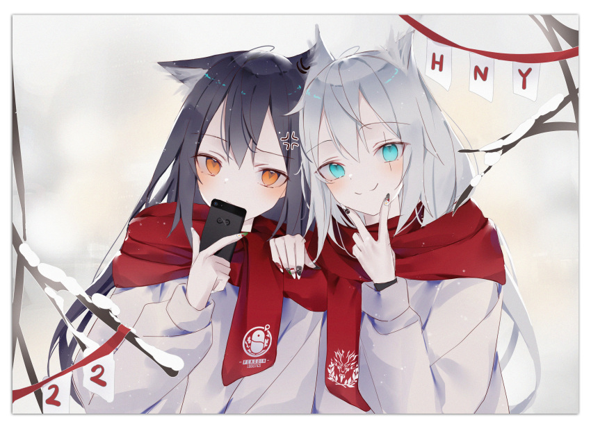 0_(znanimo) 2022 2girls :3 absurdres alternate_costume anger_vein animal_ear_fluff animal_ears aqua_eyes arknights bangs black_hair blush border branch cellphone closed_mouth ear_piercing enpera eyebrows_visible_through_hair fingernails grey_sweater hand_on_another's_shoulder happy_new_year highres holding holding_phone lappland_(arknights) long_fingernails long_hair looking_at_viewer multiple_girls nail_art nail_polish new_year orange_eyes phone piercing red_scarf scar scar_across_eye scarf selfie silver_hair smartphone smile snow sweater texas_(arknights) upper_body v white_border wolf_ears