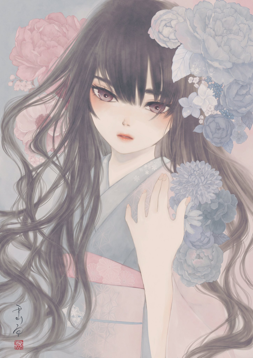 1girl bangs blue_flower blue_kimono brown_eyes brown_hair commentary_request flower flower_request hair_between_eyes hand_up highres japanese_clothes kikumon kimono long_hair long_sleeves looking_at_viewer obi obiage obijime original parted_lips pink_flower print_kimono sash seal_impression signature snowflake_print solo upper_body ushiyama_ame