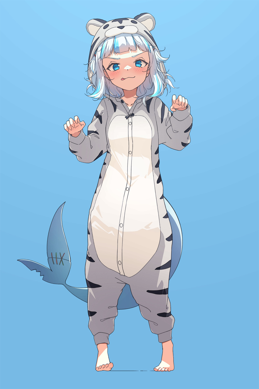 1girl absurdres animal_hood bangs barefoot blue_background blue_eyes blue_hair blunt_bangs blush claw_pose feet fish_tail full_body gawr_gura highres hololive hololive_english hood licking_lips lucasyecla99 multicolored_hair onesie pajamas shark_tail short_hair silver_hair simple_background smile solo standing streaked_hair tail toes tongue tongue_out v-shaped_eyebrows virtual_youtuber white_tiger_print