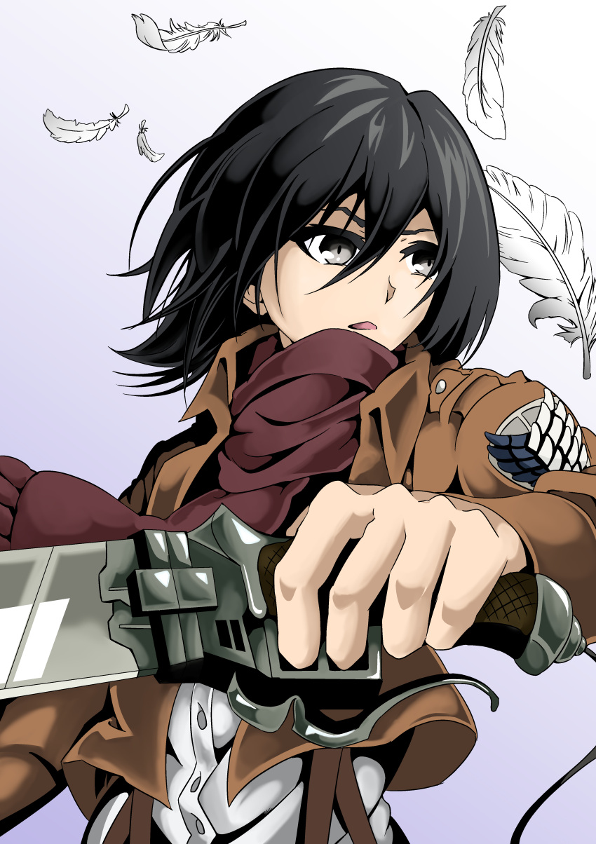 1girl absurdres bangs black_hair blue_eyes boots breasts brown_footwear brown_jacket commentary cropped_jacket emblem from_side golemstory hair_between_eyes highres holding holding_sword holding_weapon jacket knee_boots long_sleeves looking_at_viewer looking_to_the_side medium_breasts mikasa_ackerman military military_uniform open_clothes open_jacket pants paradis_military_uniform parted_lips red_scarf scarf shingeki_no_kyojin shirt short_hair simple_background solo sword thigh_strap three-dimensional_maneuver_gear uniform weapon white_background white_pants white_shirt