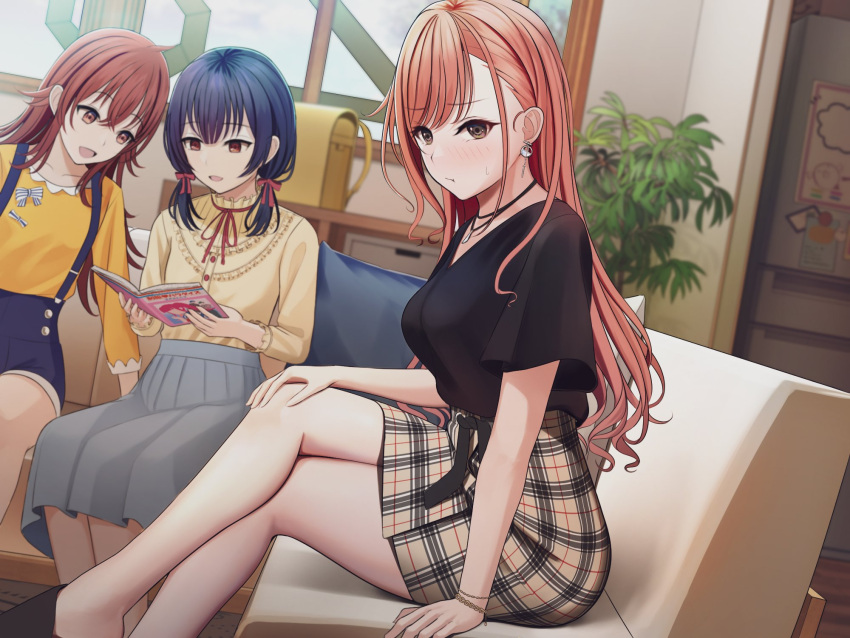 3girls :d :t arisugawa_natsuha backpack bag bag_removed black_eyes black_footwear black_sash black_shirt blue_hair blue_shorts blurry blurry_background blush closed_mouth commentary_request couch crossed_legs depth_of_field earrings grey_skirt hair_ribbon high-waist_skirt highres idolmaster idolmaster_shiny_colors jewelry komiya_kaho long_hair looking_at_viewer low_twintails morino_rinze multiple_girls neck_ribbon necklace on_couch pink_hair plant potted_plant pout randoseru red_eyes red_ribbon redhead ribbon sash shirt shoes short_shorts short_sleeves shorts sitting skirt smile suspender_shorts suspenders turisasu twintails yellow_shirt