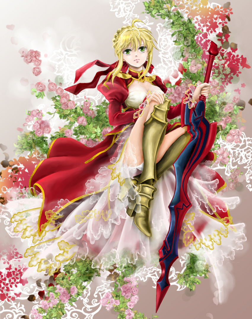 1girl aestus_estus ahoge akko_(pixiv2704834) blonde_hair braid breasts cleavage commentary_request dress epaulettes fate/extra fate/grand_order fate_(series) french_braid green_eyes hair_intakes hair_ribbon juliet_sleeves large_breasts long_sleeves nero_claudius_(fate) nero_claudius_(fate)_(all) open_mouth puffy_sleeves red_dress red_ribbon ribbon saber_extra see-through solo sword weapon wide_sleeves