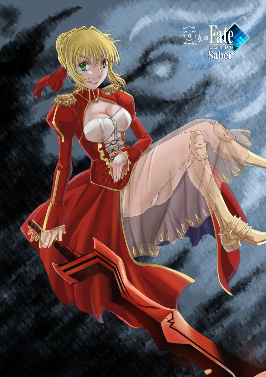 1girl aestus_estus ahoge blonde_hair braid breasts cleavage commentary_request dress epaulettes fate/extra fate/grand_order fate_(series) french_braid green_eyes hair_intakes hair_ribbon hisada_hosy juliet_sleeves large_breasts long_sleeves nero_claudius_(fate) nero_claudius_(fate)_(all) open_mouth puffy_sleeves red_dress red_ribbon ribbon saber_extra see-through solo sword weapon wide_sleeves