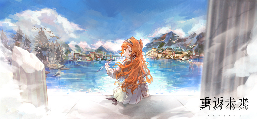 1girl blue_sky character_request clouds cloudy_sky copyright_name csyday dress hairband highres long_hair looking_at_viewer looking_back official_art orange_hair reverse:1999 sky solo tree village white_dress