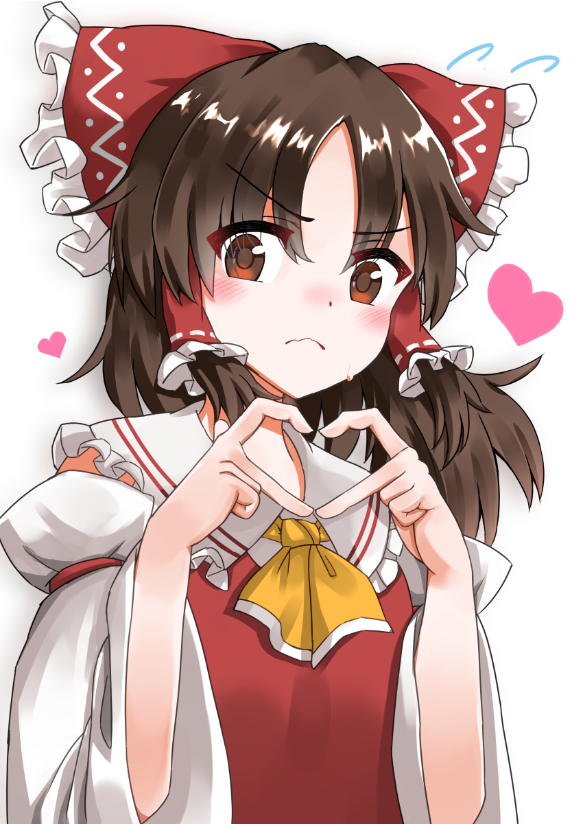 1girl absurdres ascot bare_shoulders bow brown_hair collared_vest commentary_request detached_sleeves frilled_bow frills hair_bow hair_tubes hakurei_reimu heart heart_hands highres kabi_killer long_sleeves medium_hair red_bow red_vest sidelocks simple_background touhou upper_body v-shaped_eyebrows vest white_background white_sleeves yellow_ascot