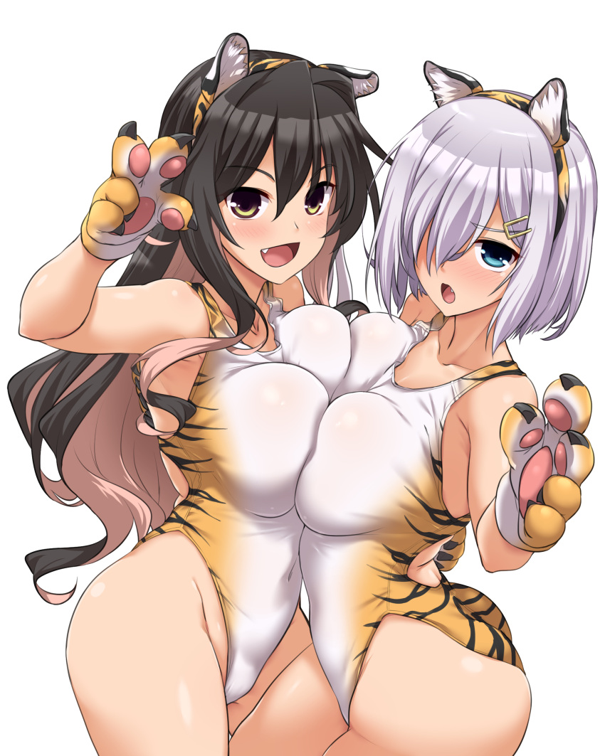 2022 2girls absurdres alternate_costume animal_ears animal_hands animal_print ass black_hair blue_eyes blush breast_press breasts covered_navel cowboy_shot eyebrows_visible_through_hair fang fangs gloves hair_between_eyes hair_ornament hair_over_one_eye hairclip hamakaze_(kancolle) happy_new_year highleg highleg_swimsuit highres kantai_collection large_breasts leotard long_hair looking_at_viewer multicolored_hair multiple_girls naganami_(kancolle) new_year one-piece_swimsuit open_mouth paw_gloves pink_hair ribbon short_hair silver_hair smile swimsuit symmetrical_docking tail tiger_ears tiger_print two-tone_hair wavy_hair yoshi_tama