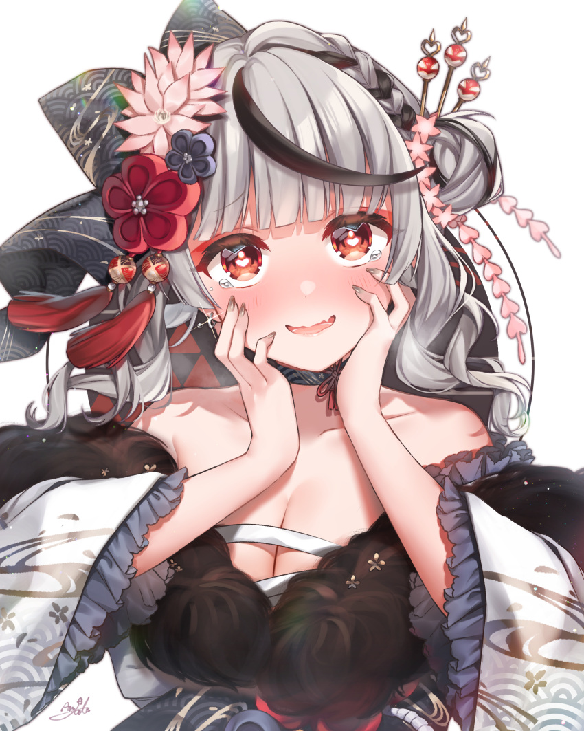 1girl :o absurdres anzu_1026 bangs bare_shoulders black_hair blush braid breasts commentary_request flower frilled_sleeves frills fur-trimmed_kimono fur_trim hair_bun hair_flower hair_ornament hair_stick hands_on_own_cheeks hands_on_own_face heart heart-shaped_pupils highres hololive japanese_clothes kimono large_breasts long_sleeves looking_at_viewer medium_hair multicolored_hair parted_lips red_eyes sakamata_chloe silver_hair simple_background smile solo streaked_hair symbol-shaped_pupils tearing_up upper_body virtual_youtuber white_background