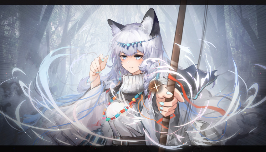 1girl absurdres aiming_at_viewer animal_ear_fluff animal_ears arknights bell belt blue_eyes blue_nails blush bow_(weapon) breasts circlet closed_mouth dress emphasis_lines eyebrows_visible_through_hair fingernails highres holding holding_bow_(weapon) holding_weapon jewelry jueduihuoli large_breasts leopard_ears leopard_girl leopard_tail letterboxed long_fingernails long_hair long_sleeves looking_at_viewer nail_polish necklace outdoors outstretched_arm pramanix_(arknights) silver_hair solo tail tree turtleneck_dress upper_body v-shaped_eyebrows very_long_hair weapon white_dress wide_sleeves