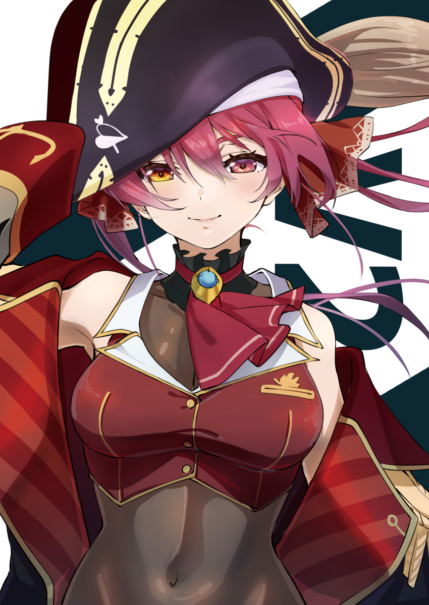 1girl absurdres arrow_through_heart ascot black_headwear breasts closed_mouth commentary_request covered_navel hair_between_eyes hair_ribbon hat heterochromia highres hololive houshou_marine kouno_(srk_2800) light_smile looking_at_viewer medium_breasts pirate_hat red_ascot red_eyes red_ribbon redhead ribbon simple_background smile solo virtual_youtuber white_background wind yellow_eyes