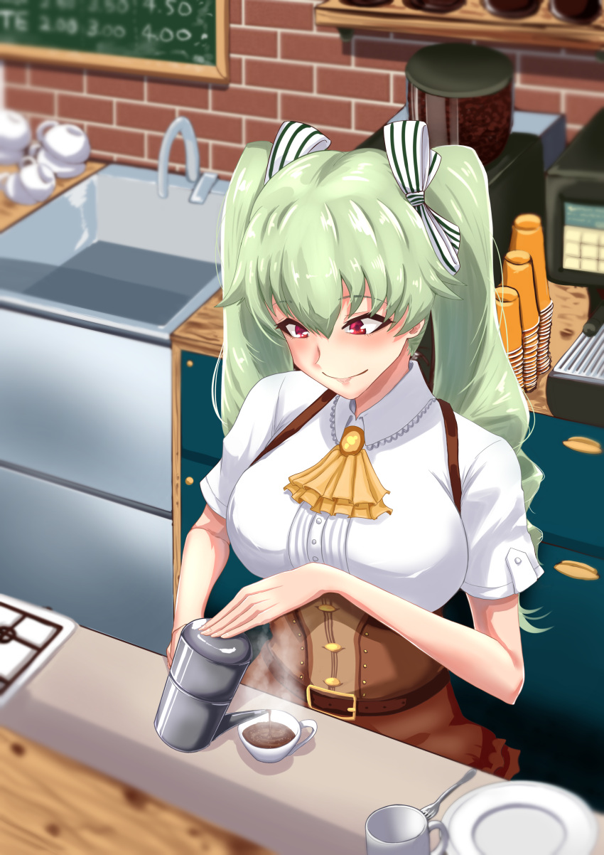 1girl absurdres alternate_costume anchovy_(girls_und_panzer) ascot bangs brown_skirt cafe closed_mouth coffee coffee_mug coffee_pot collared_shirt commentary_request cup drill_hair eyebrows_visible_through_hair girls_und_panzer green_hair hair_ribbon high-waist_skirt highres long_hair miniskirt mug partial_commentary plate pouring red_eyes ribbon shirt short_sleeves skirt smile solo steam suspender_skirt suspenders tatami_san_tatami teacup twin_drills twintails white_ribbon white_shirt yellow_ascot