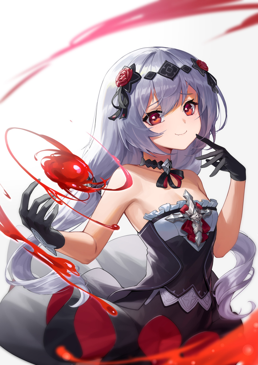 1girl absurdres bangs bare_shoulders black_dress black_gloves blood closed_mouth commentary_request dress eyebrows_visible_through_hair flower frilled_dress frills gloves gradient gradient_background grey_background grey_hair hair_between_eyes hair_flower hair_ornament hand_up hemokinesis highres honkai_(series) honkai_impact_3rd mo_ying_yu red_eyes red_flower red_rose rose smile solo strapless strapless_dress theresa_apocalypse theresa_apocalypse_(luna_kindred) white_background