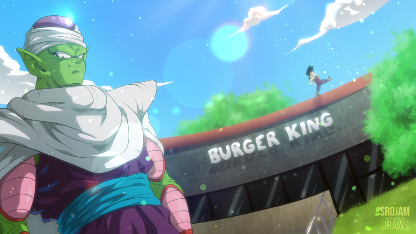 2boys artist_name black_hair blue_sash blue_sky building burger_king cape clouds colored_skin copyright_name door dragon_ball dragon_ball_z english_commentary foliage green_skin highres lens_flare looking_at_viewer multiple_boys outdoors pants piccolo pointy_ears purple_pants purple_shirt railing restaurant sash scarf shirt sign sky smile son_gohan srojam sunlight tree turban walking white_cape white_scarf window