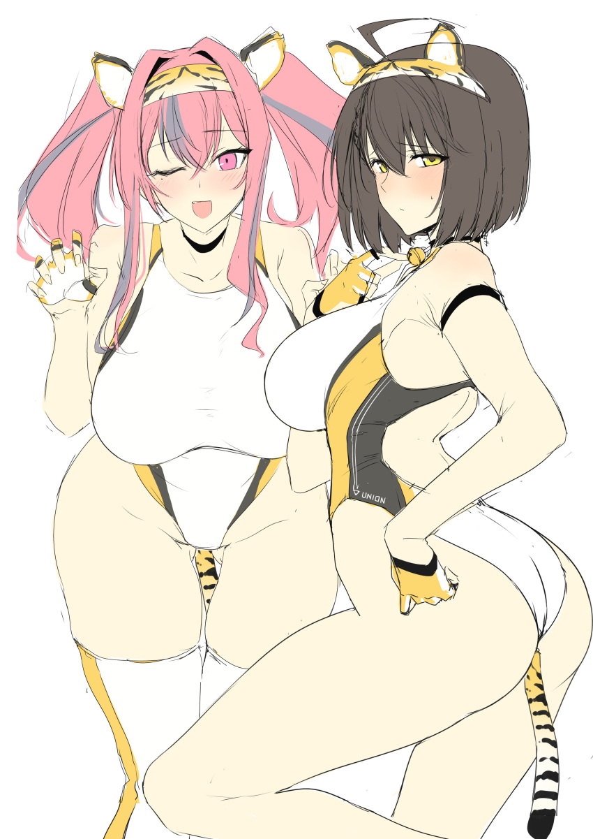 2girls absurdres animal_ears arm_strap ass ass_visible_through_thighs azur_lane back_cutout baltimore_(azur_lane) bangs bare_shoulders bell black_choker blush braid breasts bremerton_(azur_lane) brown_hair chinese_zodiac choker claw_pose closed_mouth clothing_cutout commentary_request competition_swimsuit cowboy_shot eyebrows_visible_through_hair fake_animal_ears fake_tail fang fingerless_gloves french_braid gloves grey_hair hair_between_eyes hair_intakes hair_ornament hairband halcon half_gloves hand_on_hip hand_up hands_up highres large_breasts leaning_forward long_hair looking_at_viewer mole mole_under_eye multicolored_hair multiple_girls neck_bell nose_blush one-piece_swimsuit one_eye_closed open_mouth pink_eyes pink_hair short_hair sidelocks simple_background sketch skindentation smile standing standing_on_one_leg streaked_hair swimsuit tail thigh-highs tiger_ears tiger_tail twintails twisted_torso two-tone_hair white_background white_legwear white_swimsuit year_of_the_tiger yellow_eyes