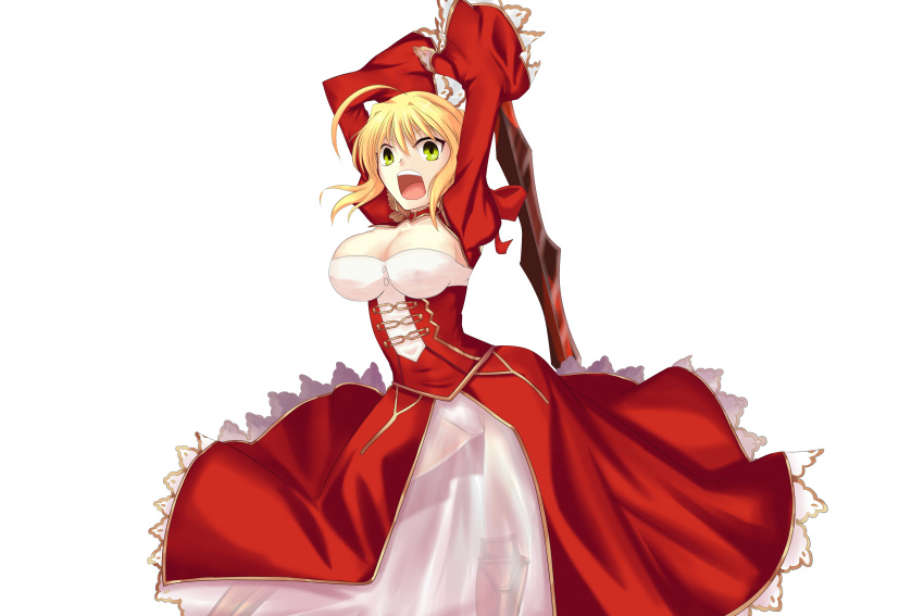 1girl aestus_estus ahoge akatsuki_(pixiv1778763) blonde_hair braid breasts cleavage commentary_request dress epaulettes fate/extra fate/grand_order fate_(series) french_braid green_eyes hair_intakes hair_ribbon juliet_sleeves large_breasts long_sleeves nero_claudius_(fate) nero_claudius_(fate)_(all) open_mouth puffy_sleeves red_dress red_ribbon ribbon saber_extra see-through solo sword weapon wide_sleeves