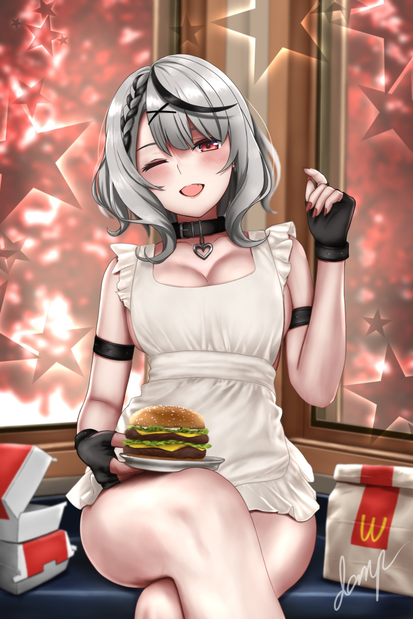 1girl bag bare_legs black_gloves brand_name_imitation burger crossed_legs danp016 fingerless_gloves food gloves hair_between_eyes highres hololive looking_at_viewer mcdonald's multicolored_hair one_eye_closed open_mouth paper_bag red_eyes sakamata_chloe shirt short_hair sitting sleeveless smile two-tone_hair white_shirt