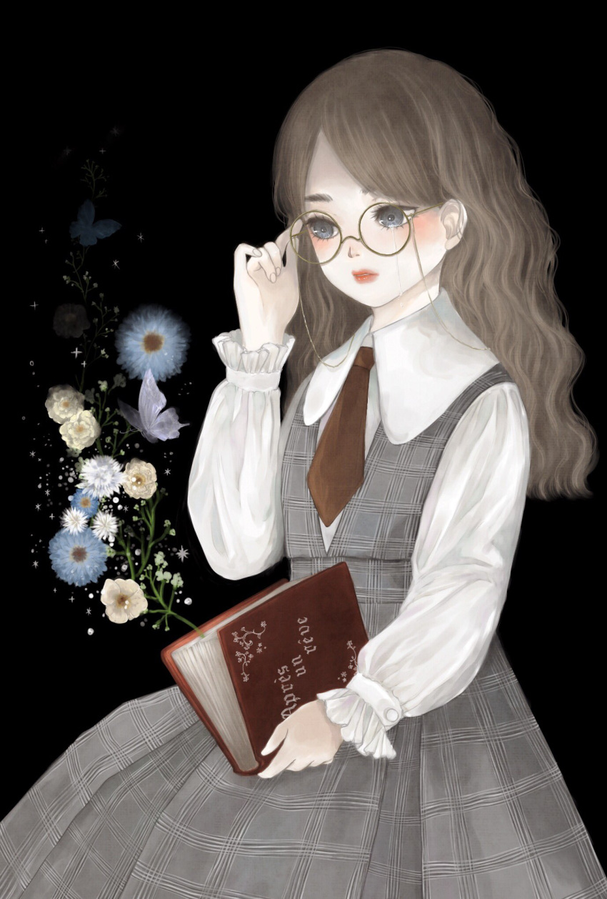 1girl adjusting_eyewear black_background blue_butterfly blue_flower book brown_hair brown_necktie bug butterfly collared_shirt commentary cowboy_shot crying crying_with_eyes_open dress eyewear_strap flower french_text frilled_sleeves frills glasses grey_dress grey_eyes hand_up highres holding holding_book long_hair long_sleeves necktie original parted_lips plaid plaid_dress round_eyewear shirt simple_background sitting solo sparkle tears ushiyama_ame wavy_hair white_butterfly white_shirt white_sleeves yellow_flower