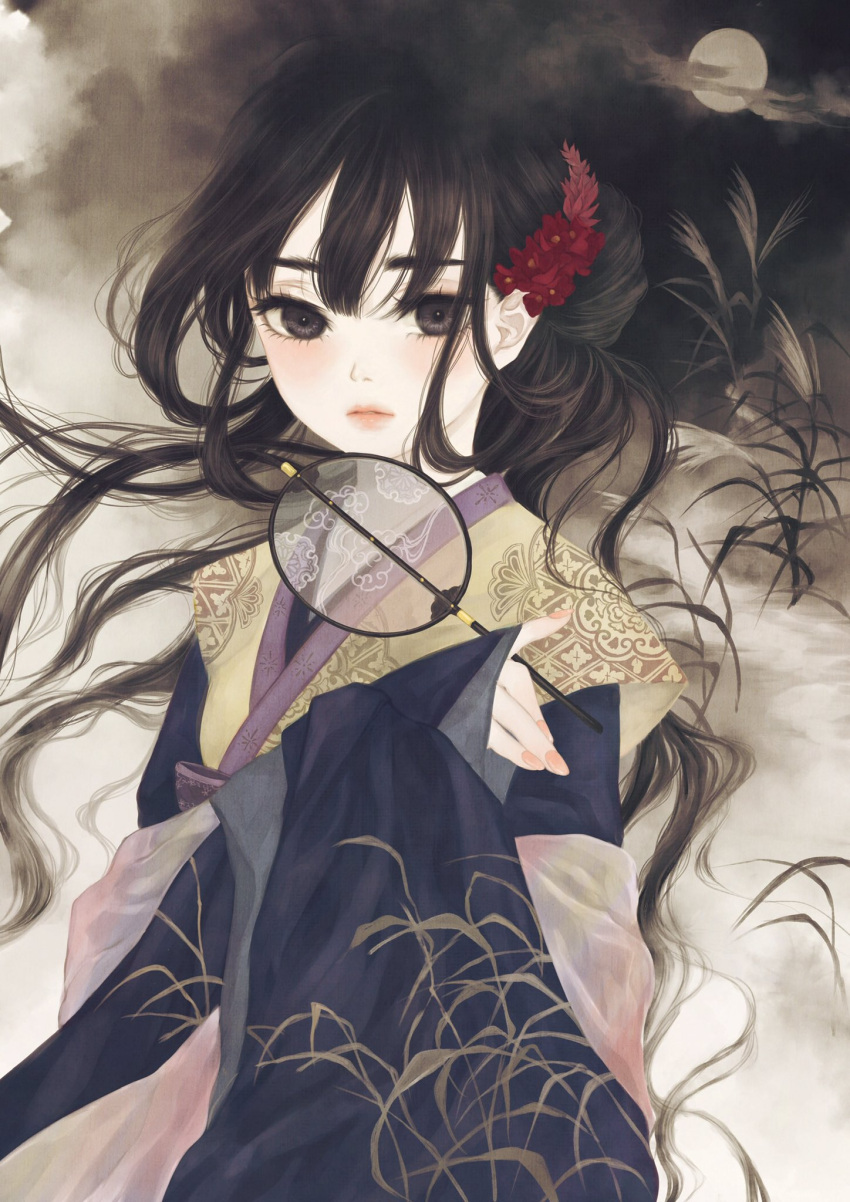 1girl bangs black_eyes black_hair black_kimono clouds commentary_request floating_hair flower full_moon hair_flower hair_ornament half_updo hand_fan hand_up highres holding holding_fan japanese_clothes kimono layered_clothing layered_kimono long_hair long_sleeves looking_at_viewer moon original paper_fan parted_lips plant print_kimono red_flower sepia_background sleeves_past_wrists solo uchiwa upper_body ushiyama_ame wide_sleeves yellow_kimono