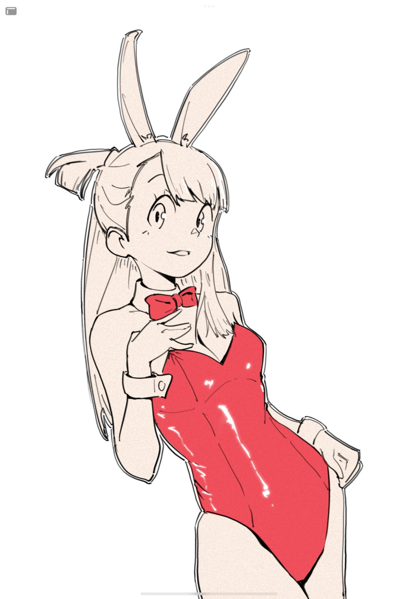 1girl alternate_costume animal_ears bow bowtie detached_collar highleg highleg_leotard highres kagari_atsuko leotard little_witch_academia looking_at_viewer partially_colored playboy_bunny playboy_bunny_leotard psylduck rabbit_ears red_leotard solo strapless strapless_leotard wrist_cuffs