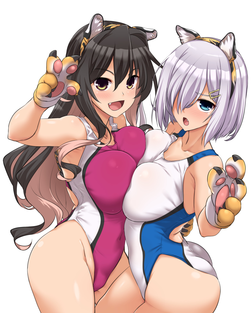 2girls absurdres animal_ear_fluff animal_ears animal_hands black_hair blue_eyes blush breast_press breasts competition_swimsuit covered_navel cowboy_shot eyebrows_visible_through_hair fake_animal_ears fang fangs gloves hair_ornament hair_over_one_eye hairband hairclip hamakaze_(kancolle) highleg highleg_swimsuit highres kantai_collection large_breasts long_hair looking_at_viewer multicolored_hair multiple_girls naganami_(kancolle) one-piece_swimsuit open_mouth paw_gloves pink_hair purple_swimsuit short_hair silver_hair simple_background swimsuit symmetrical_docking tail tiger_ears tiger_tail two-tone_hair wavy_hair white_background yoshi_tama