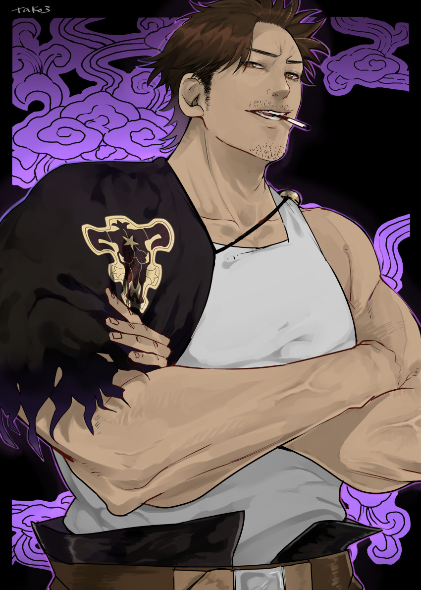 1boy absurdres black_capelet black_clover black_hair capelet cigarette crossed_arms facial_hair goatee highres looking_at_viewer male_focus mature_male muscular muscular_male pectorals short_hair sideburns sidepec smoking smug solo stubble tako3 tank_top upper_body white_tank_top yami_sukehiro
