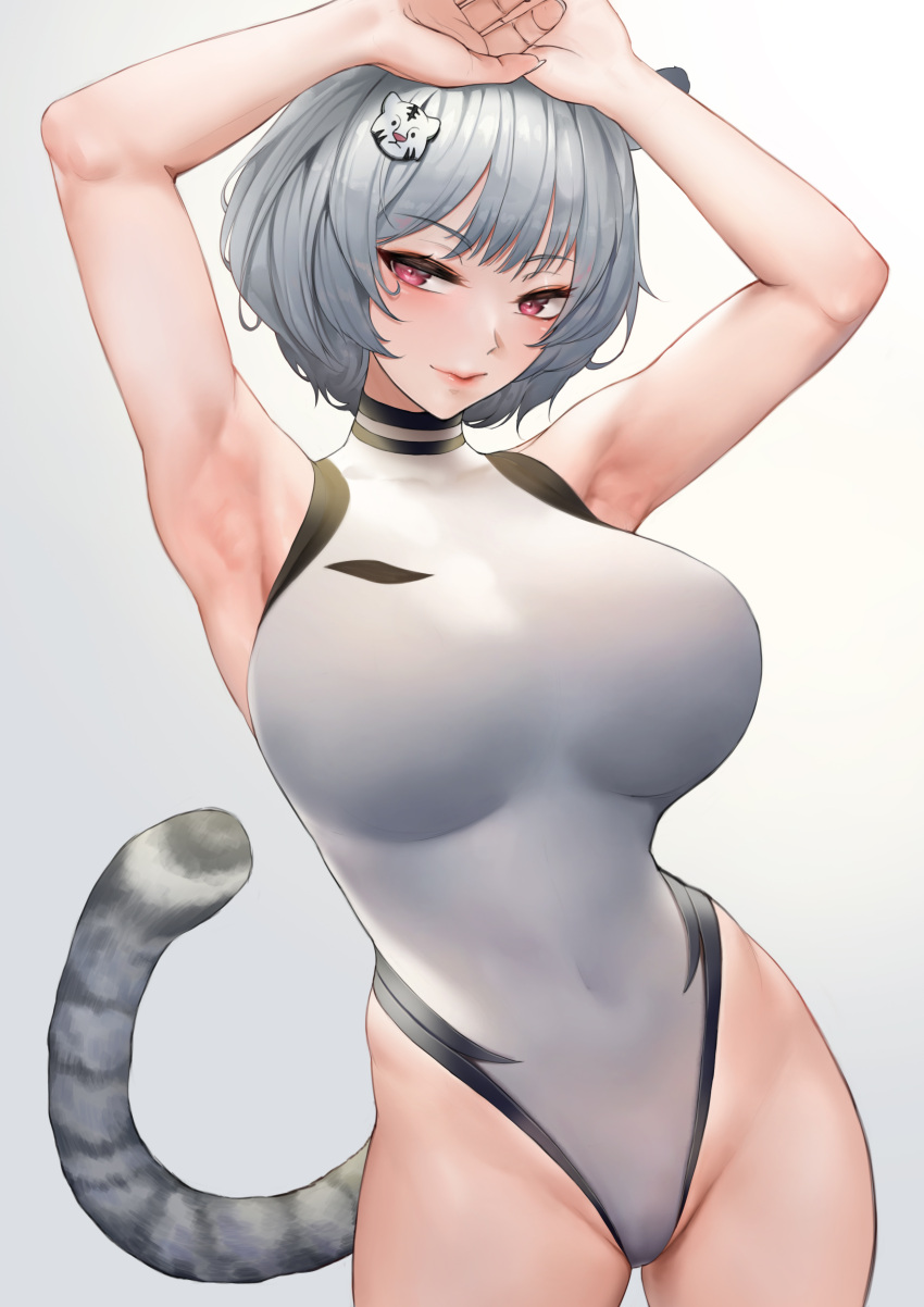 1girl absurdres animal_ears armpits arms_up bare_shoulders bodysuit breasts closed_mouth contrapposto covered_collarbone cowboy_shot eyebrows_visible_through_hair hands_on_own_head highleg highleg_swimsuit highres large_breasts lips looking_at_viewer mute_(mute89539160) one-piece_swimsuit original short_hair silver_hair sleeveless solo swimsuit tail tiger_tail tight violet_eyes