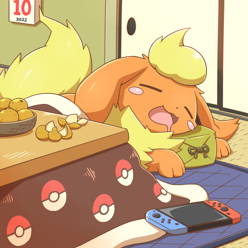 basket blush_stickers calendar_(object) closed_eyes commentary_request drooling flareon highres indoors lying mouth_drool nintendo_switch no_humans on_stomach open_mouth poke_ball_print pokemon pokemon_(creature) sleeping solo tongue yoshio_(yoshi00000091)