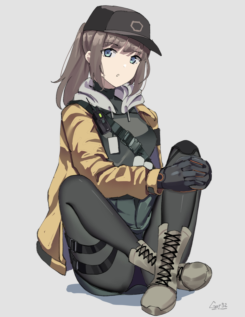 1girl absurdres black_legwear blue_eyes boots combat_boots dier_(girls'_frontline) dima_(girls'_frontline) gar32 genderswap genderswap_(mtf) girls_frontline highres long_hair pantyhose ponytail signature simple_background sitting skirt solo thigh_strap