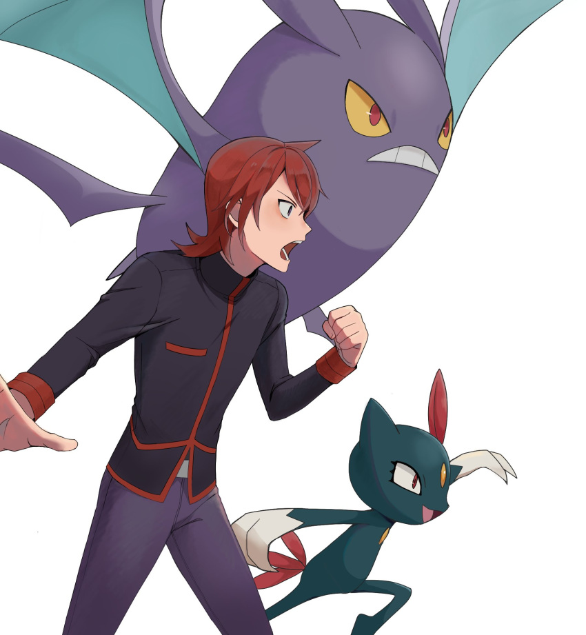1boy bangs belt_buckle black_jacket buckle clenched_hand commentary_request crobat from_side hand_up highres jacket legs_apart long_sleeves male_focus medium_hair open_mouth pants pokemon pokemon_(creature) pokemon_(game) pokemon_hgss purple_pants redhead silber_1224 silver_(pokemon) simple_background sneasel teeth tongue white_background