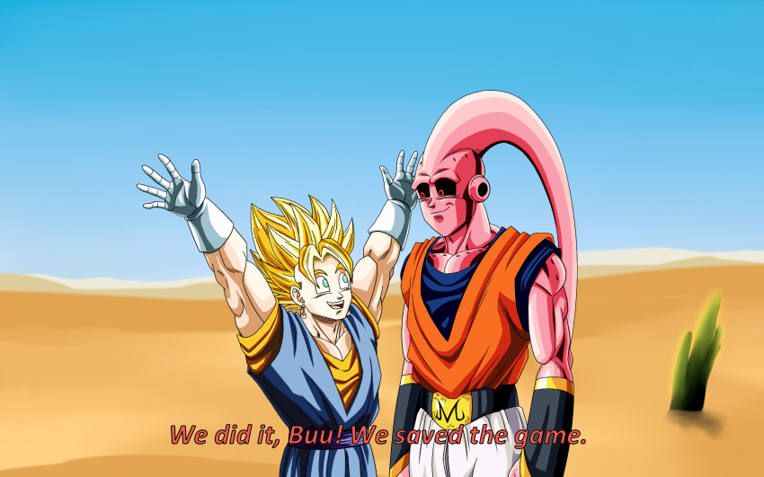 2boys a_silvers_1997 aqua_eyes arms_up belt black_belt black_sclera blonde_hair blue_sash blue_shirt blue_sky cactus colored_sclera colored_skin desert dougi dragon_ball dragon_ball_z dragon_ball_z_dokkan_battle earrings english_commentary english_text gloves highres jewelry majin_buu male_focus meme multiple_boys muscular open_mouth orange_shirt pants parody pink_skin potara_earrings red_eyes sash shirt sky spongebob_squarepants subtitled super_buu super_saiyan super_saiyan_1 vambraces vegetto white_gloves white_pants