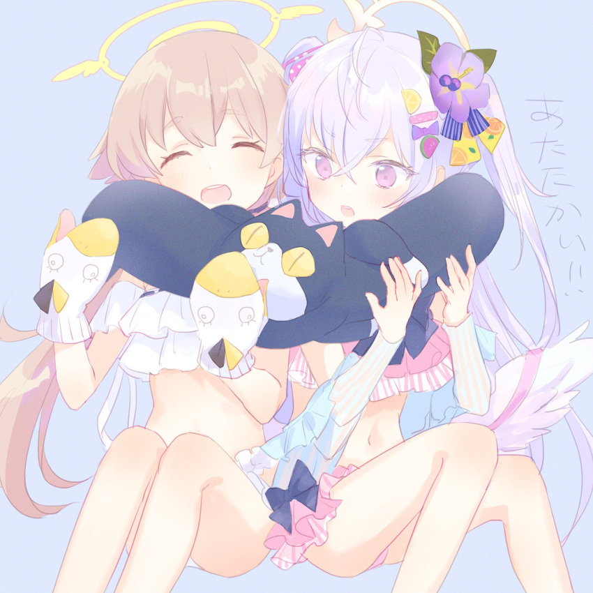 2girls azusa_(blue_archive) bangs bikini blue_archive blush bow closed_eyes detached_sleeves feathered_wings flower hair_bow hair_flower hair_ornament hairpin halo hibiscus hifumi_(blue_archive) highres invisible_chair kyuuri_(miyako) light_brown_hair long_hair low_twintails low_wings multiple_girls oven_mitts purple_background purple_flower purple_hair simple_background sitting stuffed_animal stuffed_cat stuffed_toy swimsuit teeth translation_request twintails two_side_up upper_teeth violet_eyes wings