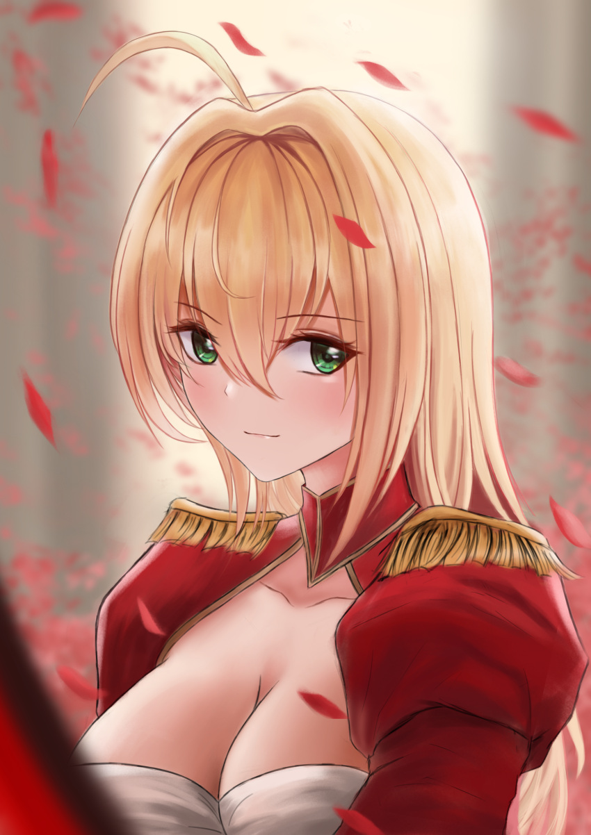 1girl aestus_estus ahoge blonde_hair braid breasts cleavage commentary_request dress epaulettes fate/extra fate/grand_order fate_(series) french_braid green_eyes hair_intakes hair_ribbon juliet_sleeves large_breasts long_sleeves nero_claudius_(fate) nero_claudius_(fate)_(all) puffy_sleeves red_dress red_ribbon ribbon saber_extra see-through solo sword turbulence weapon wide_sleeves