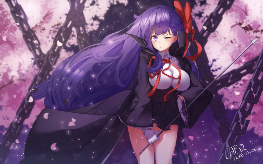 1girl bangs bb_(fate)_(all) bb_(fate/extra_ccc) black_coat black_skirt breasts coat fate/extra fate/extra_ccc fate/grand_order fate_(series) gloves hair_ribbon high-waist_skirt highres holding holding_wand lab2linch large_breasts leotard long_hair long_sleeves looking_at_viewer neck_ribbon open_clothes open_coat popped_collar purple_hair red_ribbon ribbon skirt smile very_long_hair violet_eyes wand white_gloves white_leotard wide_sleeves