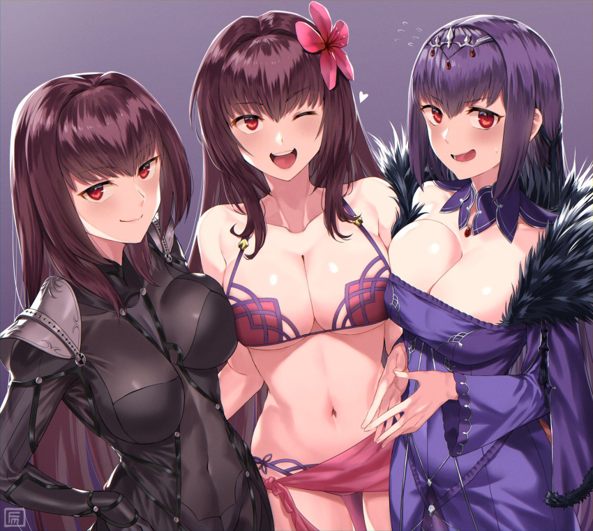 armor bikini bodysuit bracelet breasts dress fate/grand_order fate_(series) feather_trim flower fumafu hair_between_eyes hair_flower hair_intakes hair_ornament highres jewelry large_breasts leotard pink_bikini purple_bikini purple_dress purple_hair purple_leotard purple_sarong red_eyes sarong scathach_(fate) scathach_(swimsuit_assassin)_(fate) scathach_skadi_(fate) shoulder_armor swimsuit tiara