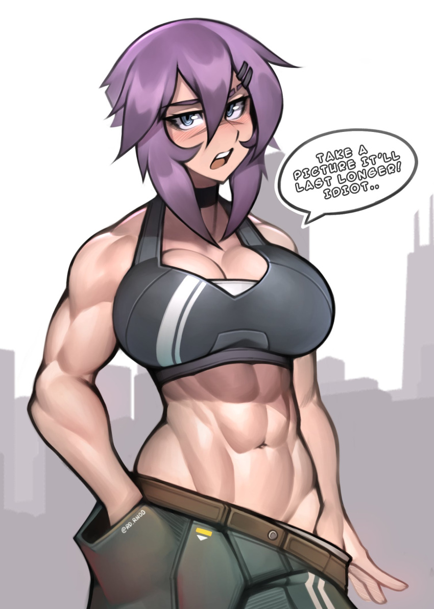 ! ... 1girl abs artist_name blush breasts choker commentary cowboy_shot english_commentary english_text grey_eyes hair_between_eyes hand_in_pocket highres large_breasts looking_at_viewer maya_(roadi3) muscular muscular_female navel open_mouth original pants purple_hair roadi3 scar scar_on_face scar_on_nose short_hair solo speech_bubble sports_bra teeth tongue twitter_username watermark