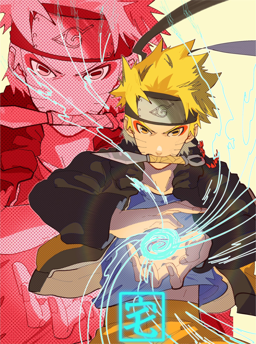 1boy blonde_hair forehead_protector grey_shirt highres in_mouth jacket konohagakure_symbol kunai looking_at_viewer naruto_(series) naruto_shippuuden ninja open_clothes open_jacket orange_jacket orange_pants pants rasengan shirt short_hair simple_background solo spiky_hair taku_(aywakutakuay) uzumaki_naruto weapon yellow_background yellow_eyes