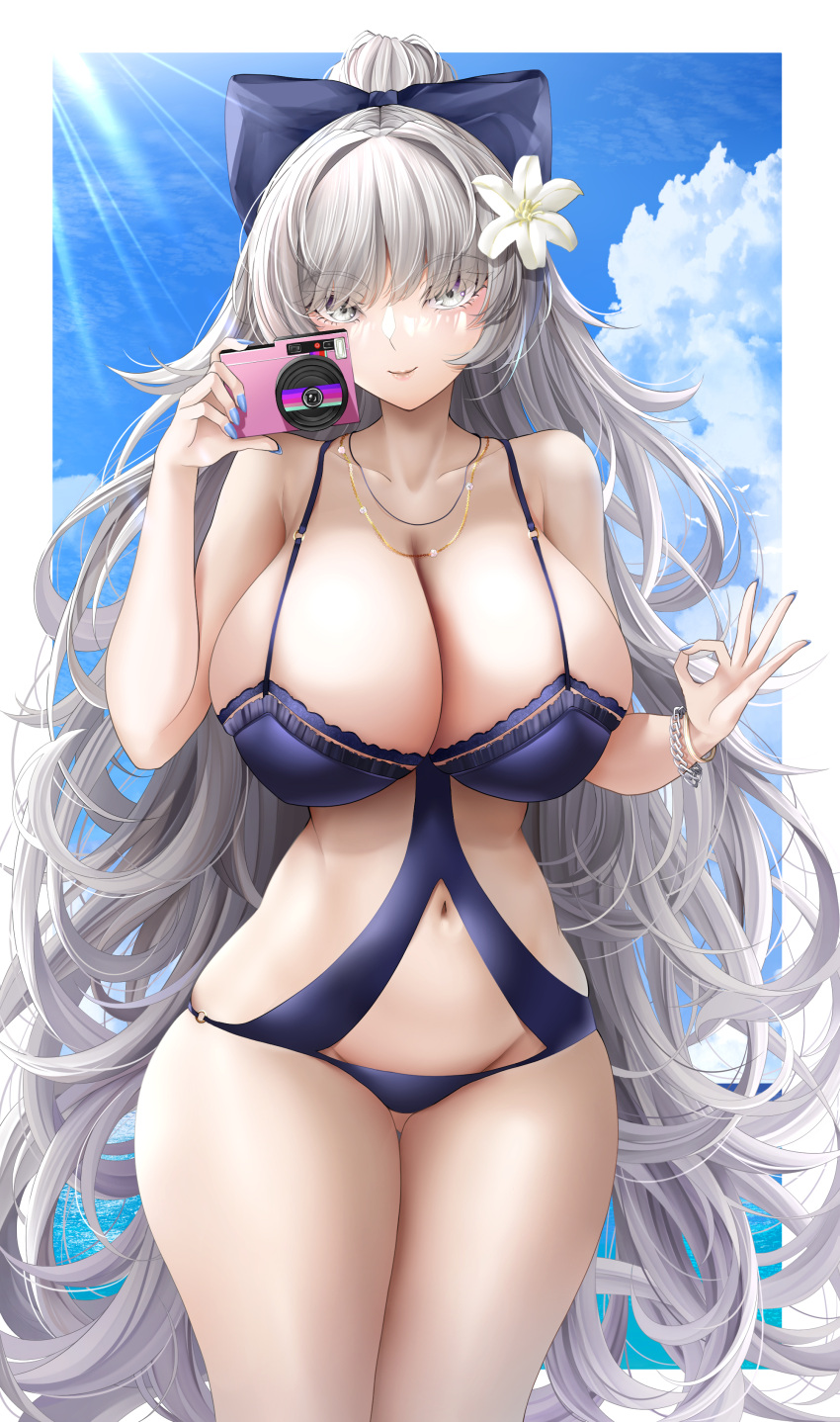 1girl absurdres azur_lane blue_sky bow breasts flower gold_necklace grey_hair hair_bow hair_flower hair_ornament highres huge_breasts kouglof0141 long_hair looking_at_viewer navel o-ring o-ring_swimsuit official_alternate_costume purple_bow purple_swimsuit skindentation sky solo standing swimsuit very_long_hair vittorio_veneto_(azur_lane) vittorio_veneto_(the_flower_of_la_spezia)_(azur_lane) white_flower