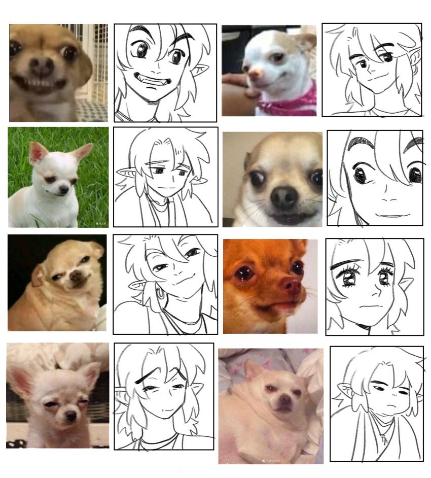 1boy bangs dog earrings expressions eyebrows_visible_through_hair guagua_sun hair_between_eyes highres jewelry lanxi_zhen meme multiple_views pointy_ears portrait the_legend_of_luo_xiaohei xuan_li_(the_legend_of_luoxiaohei)