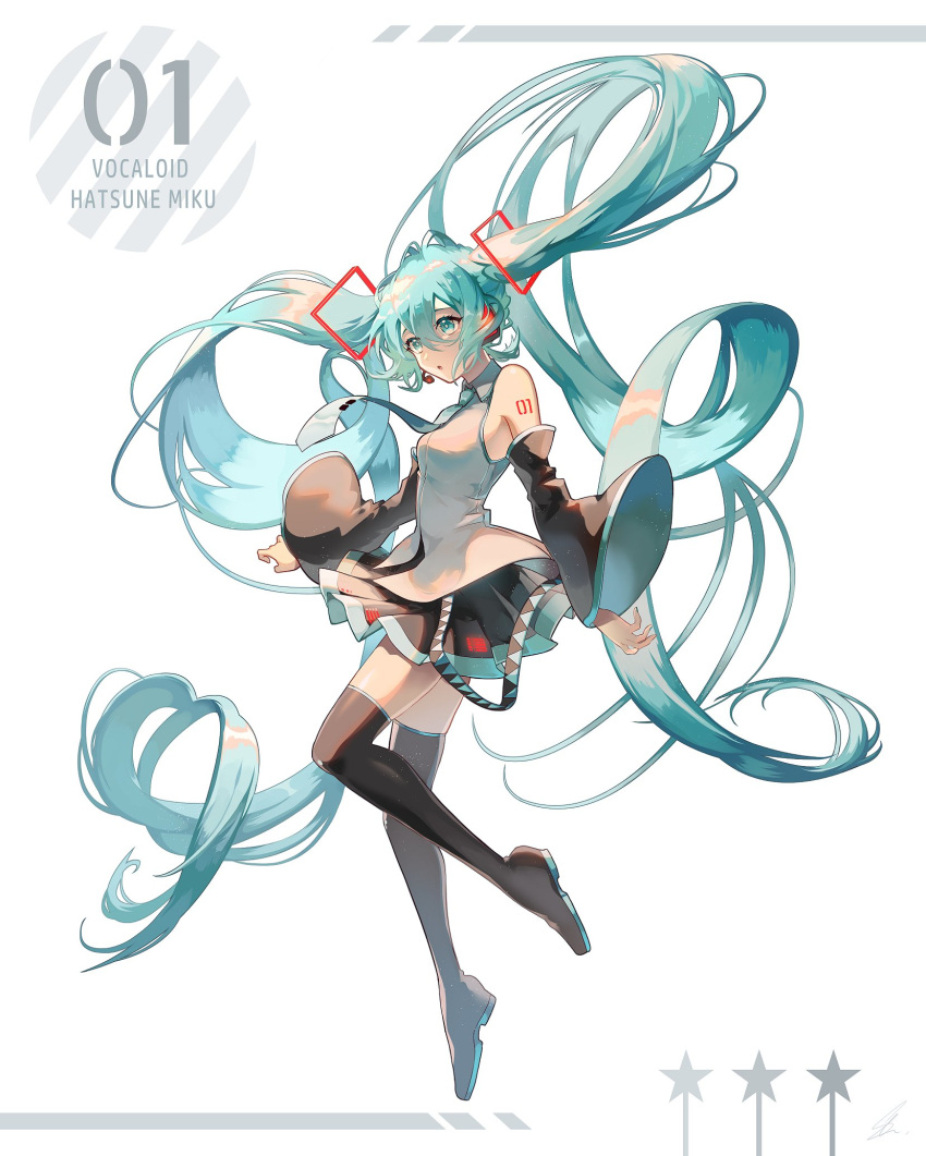 1girl arms_at_sides bare_shoulders black_footwear black_skirt blue_eyes blue_hair blue_necktie boots breasts bright_pupils character_name circle collared_shirt copyright_name curly_hair detached_sleeves dress expressionless floating_hair full_body hair_between_eyes hatsune_miku headset highres light_particles long_hair looking_afar medium_breasts necktie number_tattoo parted_lips pleated_skirt saihate_(d3) shiny shiny_hair shirt shoulder_tattoo sidelighting simple_background skirt sleeveless sleeveless_dress solo star_(symbol) striped striped_background tattoo thigh-highs thigh_boots twintails very_long_hair vocaloid white_background white_pupils white_shirt wide_sleeves zettai_ryouiki