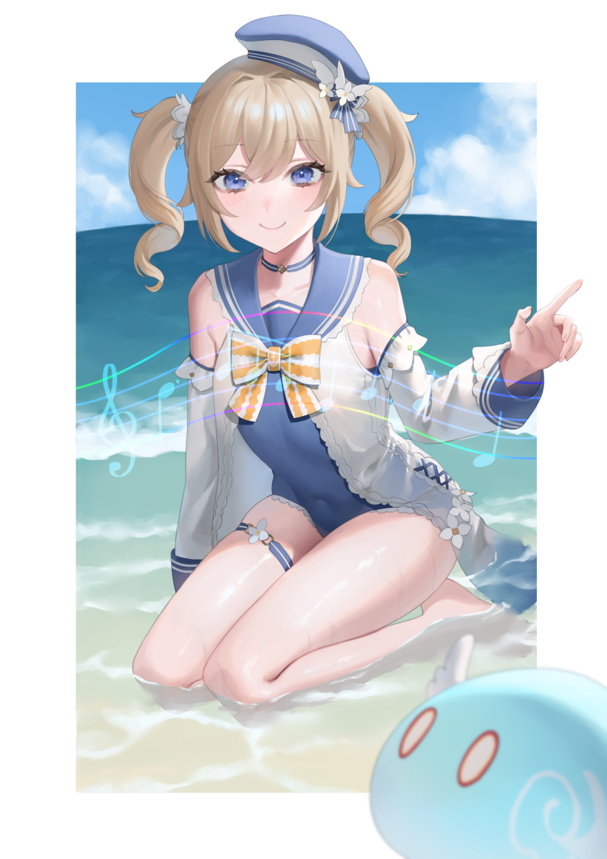 1girl arm_up arms_behind_back ass_visible_through_thighs bangs barbara_(genshin_impact) barbara_(summertime_sparkle)_(genshin_impact) beach blob blonde_hair blue_eyes blue_sky blue_swimsuit blush choker collarbone commentary commentary_request day detached_sleeves drill_hair english_commentary eyebrows_visible_through_hair genshin_impact hair_between_eyes hair_ornament hat highres long_hair long_sleeves looking_at_viewer musical_note ocean official_alternate_costume okazaki_sato one-piece_swimsuit outdoors sailor_collar sidelocks sitting sky slime_(genshin_impact) solo swimsuit twin_drills twintails water waves yokozuwari