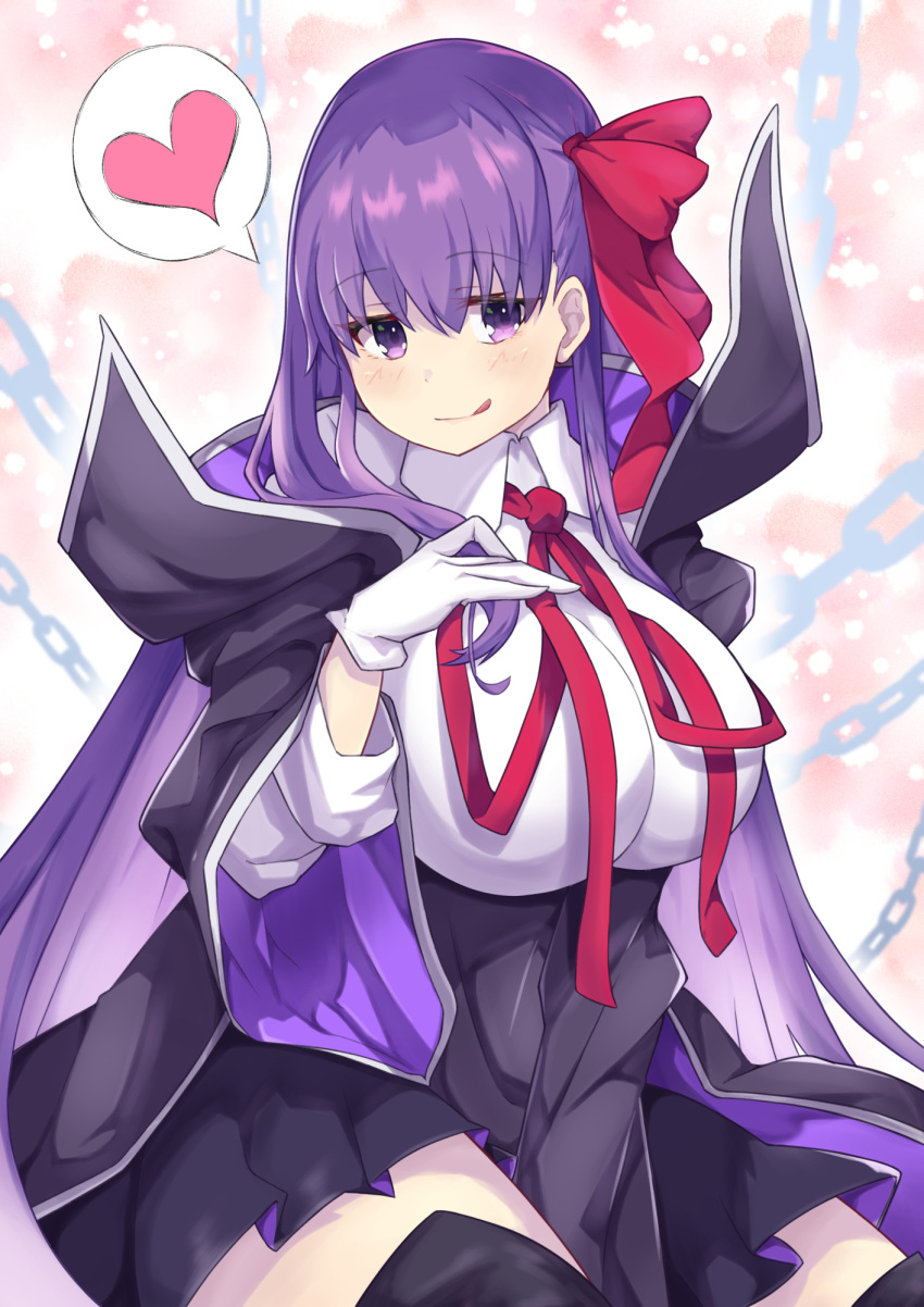 1girl bangs bb_(fate)_(all) bb_(fate/extra_ccc) black_coat black_skirt breasts coat fate/extra fate/extra_ccc fate/grand_order fate_(series) gloves hair_ribbon high-waist_skirt highres holding holding_wand large_breasts leotard long_hair long_sleeves looking_at_viewer neck_ribbon open_clothes open_coat popped_collar purple_hair red_ribbon ribbon skirt smile very_long_hair violet_eyes wand white_gloves white_leotard wide_sleeves yuyunatuki