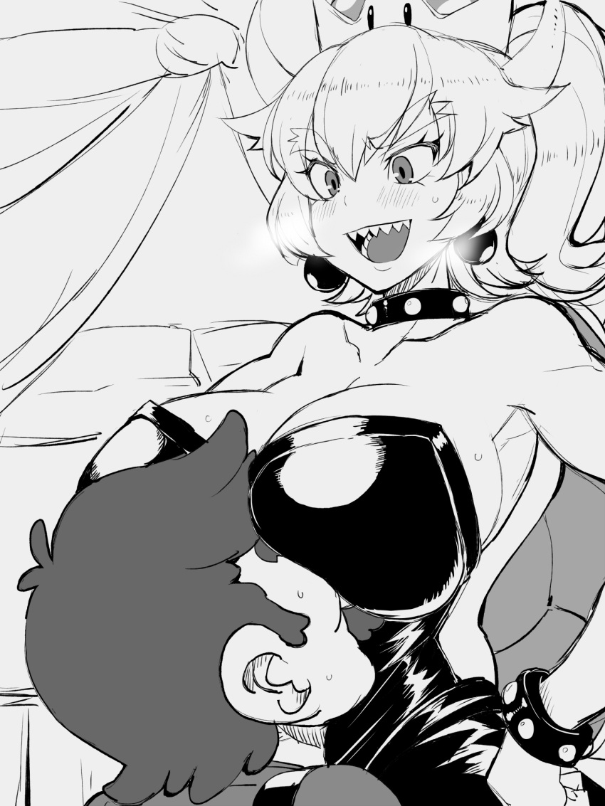 1boy 1girl armlet bangs bare_shoulders blush bowsette bracelet breast_rest breast_smother breasts breasts_on_head breath collar collarbone crown dress earrings eyebrows_visible_through_hair face_to_breasts facial_hair greyscale hair_between_eyes hand_on_hip height_difference high_ponytail highres huge_breasts jewelry long_hair looking_at_another mario monochrome mustache new_super_mario_bros._u_deluxe nuebiimu open_mouth sharp_teeth short_hair sketch smile smother strapless strapless_dress super_crown super_mario_bros. sweat teeth turtle_shell v-shaped_eyebrows