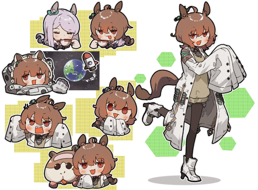 2girls agnes_tachyon_(umamusume) ahoge amonitto anger_vein angry animal_ears bangs black_legwear blush brown_eyes brown_hair chibi closed_eyes commentary_request cup drinking earrings earth_(planet) hands_up highres holding holding_cup horse_ears horse_girl horse_tail jewelry jitome labcoat looking_at_viewer mejiro_mcqueen_(umamusume) multiple_girls multiple_views necktie open_mouth planet pui_pui_molcar purple_hair rocket_ship short_necktie single_earring sleeves_past_fingers sleeves_past_wrists space_craft spacesuit standing standing_on_one_leg sweatdrop sweater tail teacup umamusume waving white_footwear