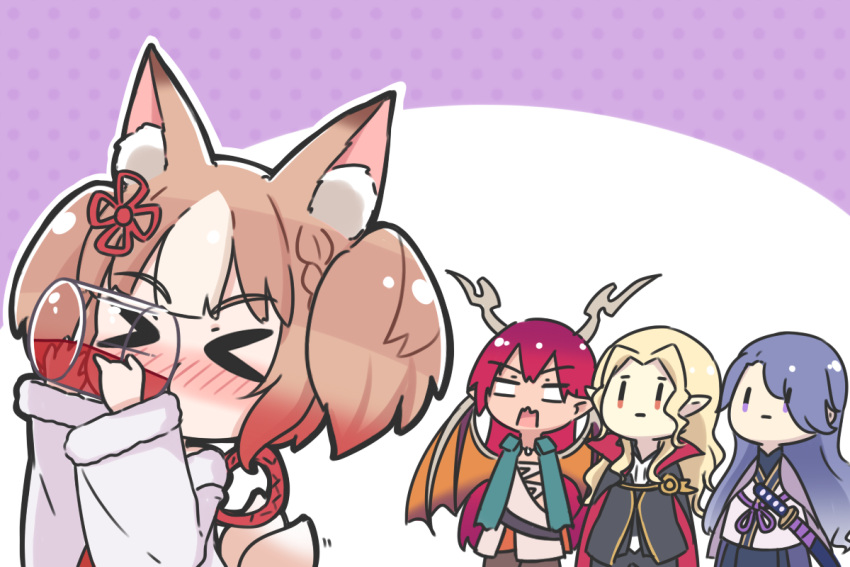 &gt;_&lt; animal_ears bangs black_jacket black_pants black_vest blonde_hair blue_hair blue_skirt blush brown_hair character_request chibi closed_eyes commentary cup drink drinking drinking_glass english_commentary eyebrows_visible_through_hair eyes_visible_through_hair fox_ears fox_girl fox_tail fur-trimmed_sleeves fur_trim gradient_hair hair_over_one_eye holding holding_cup horns jacket katana long_hair long_sleeves motion_lines multicolored_hair nose_blush open_mouth orange_wings pants pleated_skirt pointy_ears polka_dot polka_dot_background purple_background red_eyes redhead rutorifuki shadowverse sheath sheathed shirt skirt sword tail two-tone_background two-tone_hair two_side_up very_long_hair vest violet_eyes wavy_mouth weapon white_background white_shirt wide_sleeves