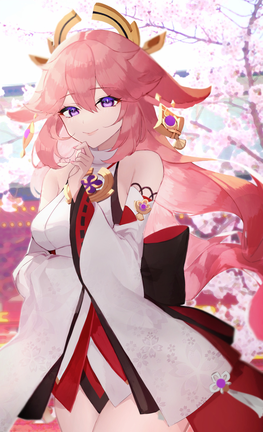 1girl absurdres animal_ears arm_under_breasts bangs bare_shoulders blurry blurry_background blush branch breasts cherry_blossoms commentary_request cowboy_shot detached_sleeves earrings eyebrows_visible_through_hair eyelashes finger_to_mouth floral_print fox_ears genshin_impact hair_between_eyes hair_ornament hand_up headgear highres japanese_clothes jewelry large_breasts lips long_hair looking_down miko obi parted_lips pink_hair pink_nails ponpe_max priestess print_sleeves ribbon-trimmed_sleeves ribbon_trim sash sidelocks smile solo standing tassel turtleneck very_long_hair violet_eyes wide_sleeves yae_(genshin_impact)