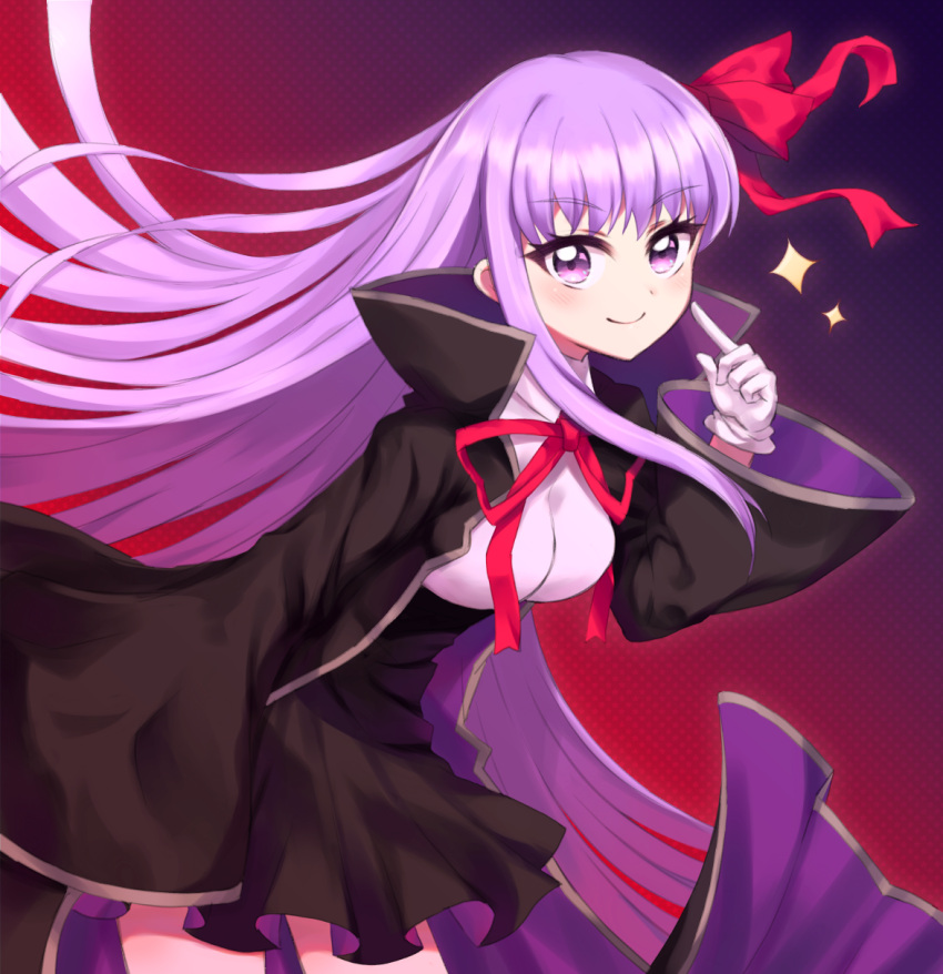 1girl bangs bb_(fate)_(all) bb_(fate/extra_ccc) black_coat black_skirt breasts coat fate/extra fate/extra_ccc fate/grand_order fate_(series) gloves hair_ribbon high-waist_skirt highres holding holding_wand large_breasts leotard long_hair long_sleeves looking_at_viewer neck_ribbon open_clothes open_coat popped_collar purple_hair red_ribbon ribbon skirt smile uwasanogsan very_long_hair violet_eyes wand white_gloves white_leotard wide_sleeves