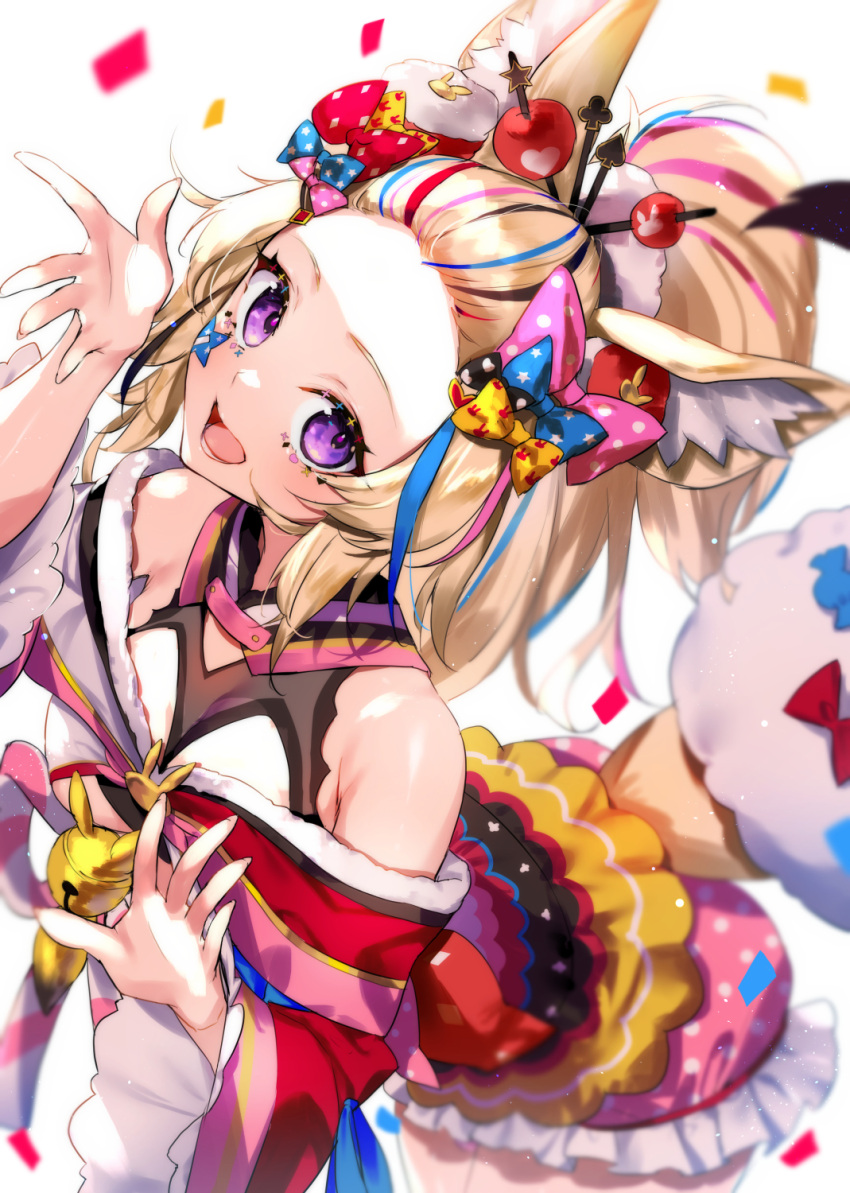 1girl :d animal_ear_fluff animal_ears bare_shoulders bell black_hair blue_bow blue_hair blush bow commentary_request confetti cowboy_shot dress facial_mark forehead fox_ears hair_bow hair_ornament hair_stick highres hololive jingle_bell kasumi_komo leaning_forward long_hair long_sleeves looking_at_viewer multicolored_clothes multicolored_dress multicolored_hair off_shoulder omaru_polka pink_bow red_bow redhead simple_background smile solo standing streaked_hair virtual_youtuber white_background wide_sleeves yellow_bow