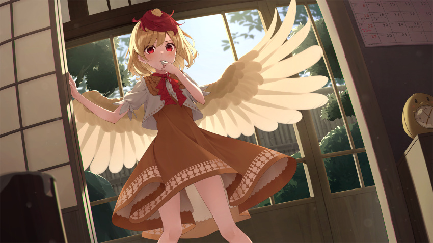 1girl alarm_clock animal_on_head bangs bird bird_wings blonde_hair blush bright_pupils calendar_(object) chick clock closed_mouth commentary_request dress english_text feathered_wings highres in_mouth kanpa_(campagne_9) looking_at_viewer mouth_hold multicolored_hair niwatari_kutaka on_head orange_dress puffy_short_sleeves puffy_sleeves red_eyes red_neckwear red_ribbon redhead ribbon short_hair short_sleeves shouji sliding_doors solo standing sweatdrop touhou two-tone_hair vest whistle white_pupils white_vest wings yellow_wings